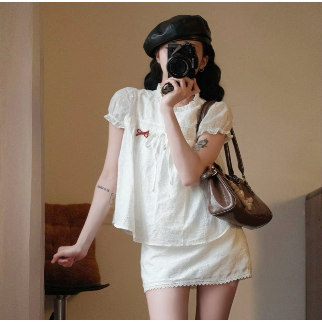 Set babydoll thô boi 2 lớp, áo tay bồng thắt nơ kèm chân váy A siêu xinh TẤM S62