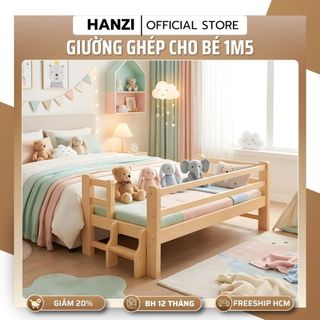 Giường Ghép Trẻ Em 1M5 - Ghép Nối với Giường Bố Mẹ, Có Thanh Chắn, Gỗ Qua Sấy Nhiệt, Chống Mối Mọt