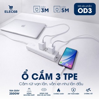 Ổ cắm điện 3 lỗ TPE, có màng che, chính hãng, dây dài 3m / 5m chịu tải 2500W - OD3/3m, 5m Elec68