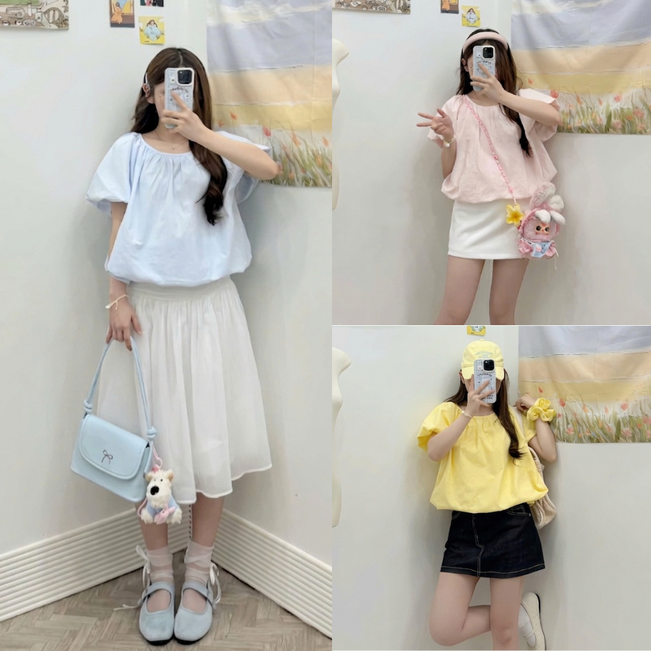 Áo babydoll thô  chấm bi cổ tròn tay bồng gấu phồng bí Tấm A122