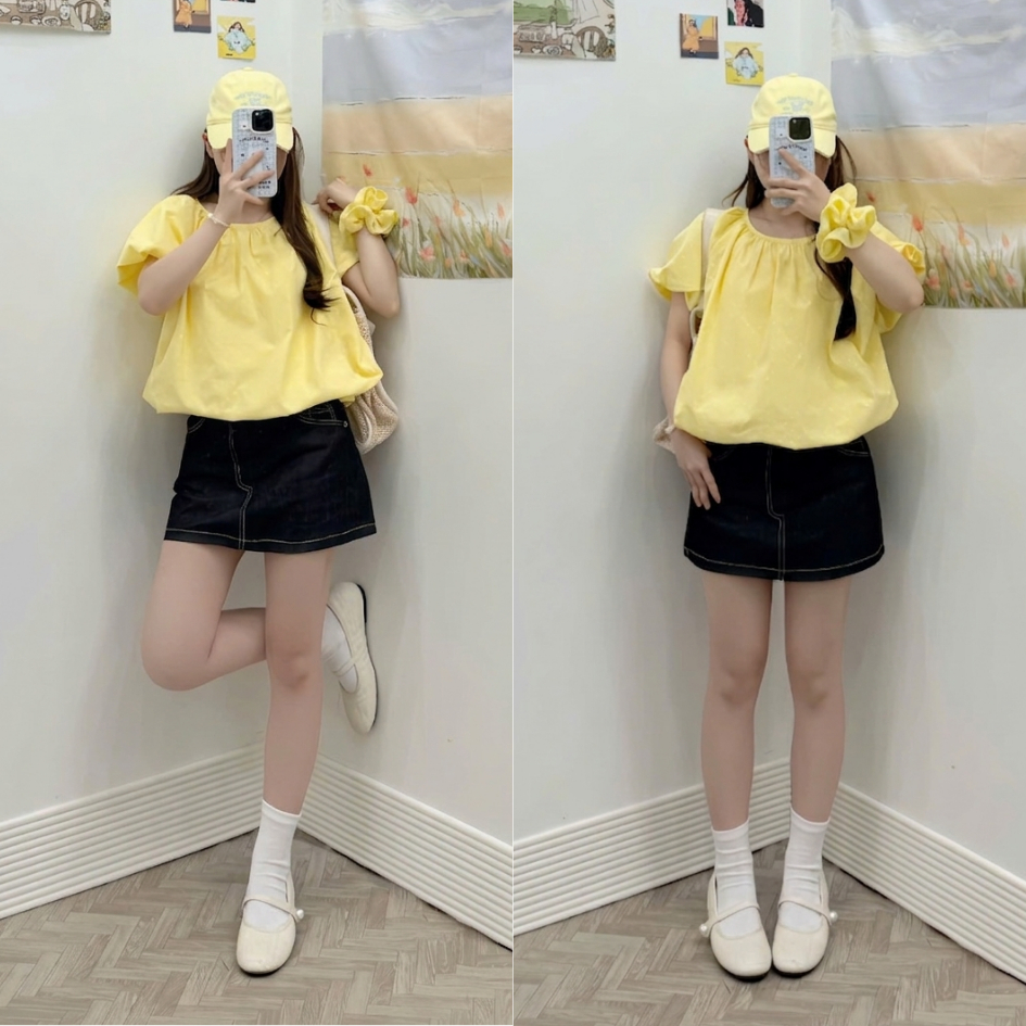 Áo babydoll thô  chấm bi cổ tròn tay bồng gấu phồng bí Tấm A122