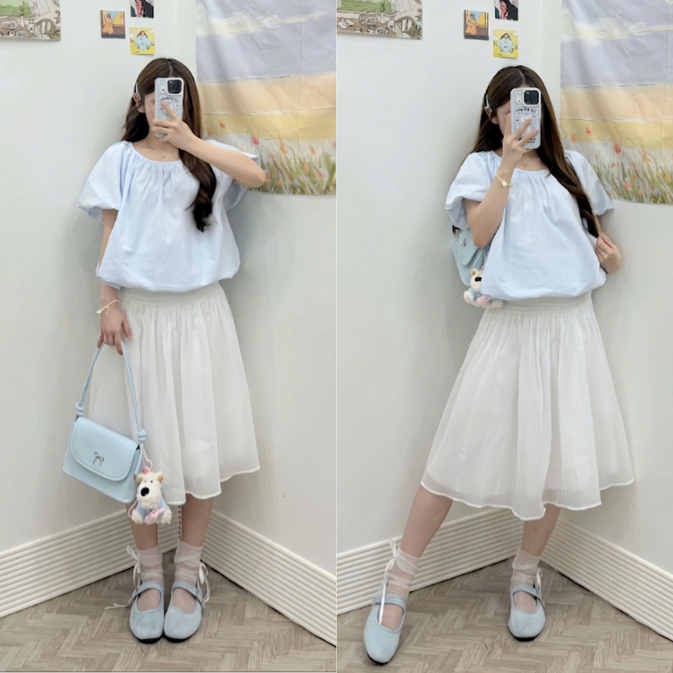 Áo babydoll thô  chấm bi cổ tròn tay bồng gấu phồng bí Tấm A122