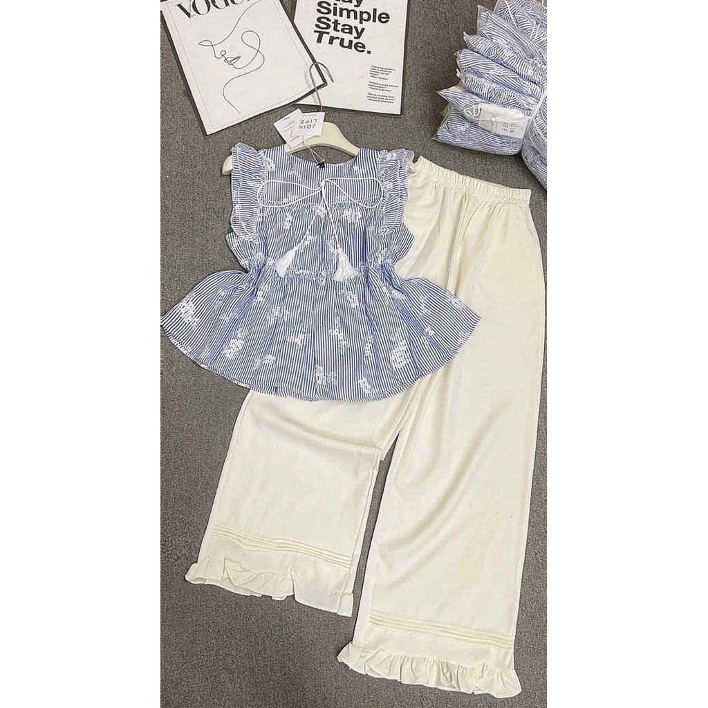 L839- sét bộ nữ tay cánh tiên, áo kẻ babydoll có dây kiểu form xòe mix quần đũi suông có túi có bèo lai (38-56kg)