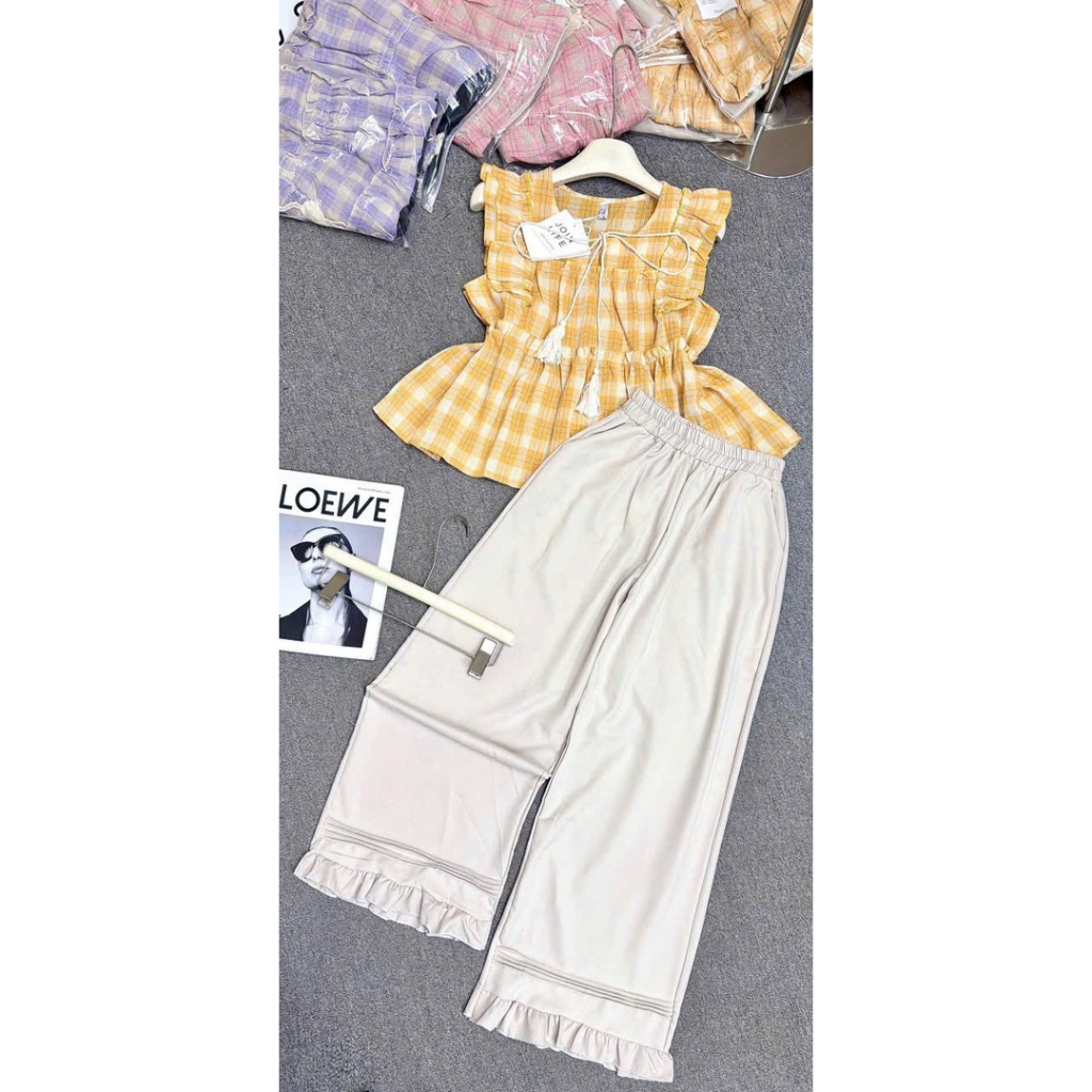 L839- sét bộ nữ tay cánh tiên, áo kẻ babydoll có dây kiểu form xòe mix quần đũi suông có túi có bèo lai (38-56kg)