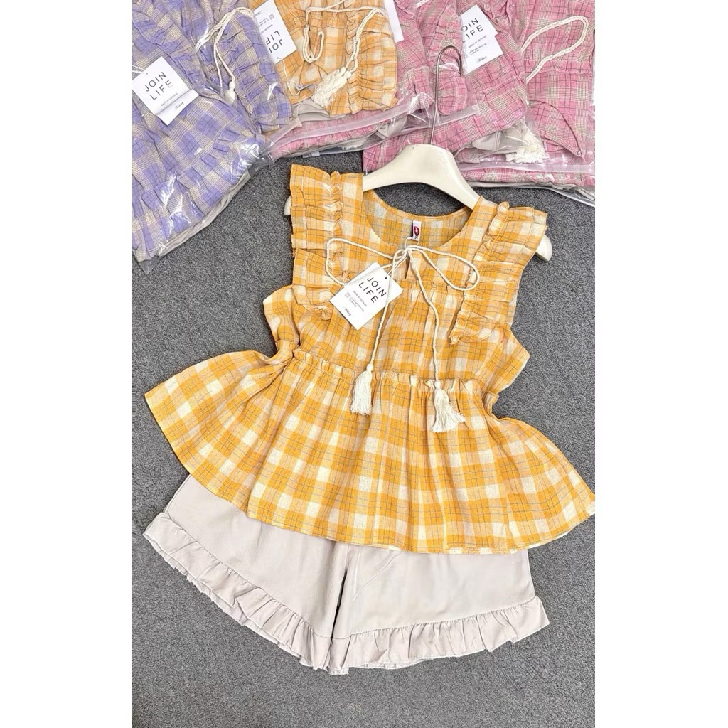L839- sét bộ nữ tay cánh tiên, áo kẻ babydoll có dây kiểu form xòe mix quần đũi suông có túi có bèo lai (38-56kg)