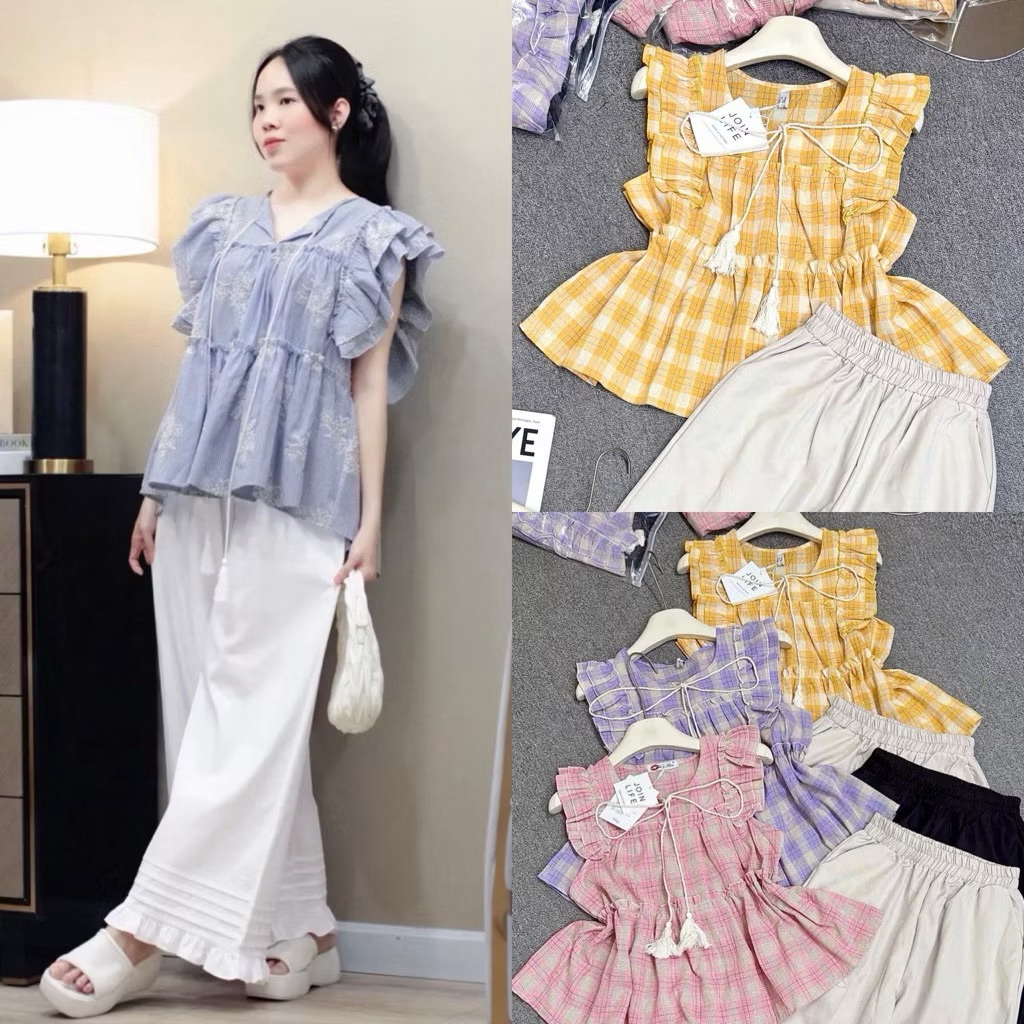 L839- sét bộ nữ tay cánh tiên, áo kẻ babydoll có dây kiểu form xòe mix quần đũi suông có túi có bèo lai (38-56kg)