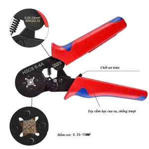 Bộ kìm bấm cốt vuông 10mm² kèm 1200 đầu cos đồng mạ kẽm cho thợ điện, Kìm bấm cos tủ điện đa năng