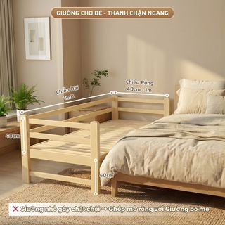 Giường Cho Bé 1M8 Ghép Với Giường Bố Mẹ, Gỗ Thông Mới Dài | Có Thanh Rào Chắn, Nhiều Kiểu Thiết Kế
