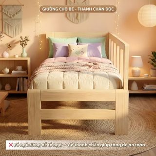 Giường Cho Bé 1M8 Ghép Với Giường Bố Mẹ, Gỗ Thông Mới Dài | Có Thanh Rào Chắn, Nhiều Kiểu Thiết Kế