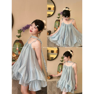 Set váy Babydoll 2 Dây Cột Nơ Bèo Tầng, kèm quần bảo hộ Dễ Thương chất liệu tơ mềm - 005 Macaron