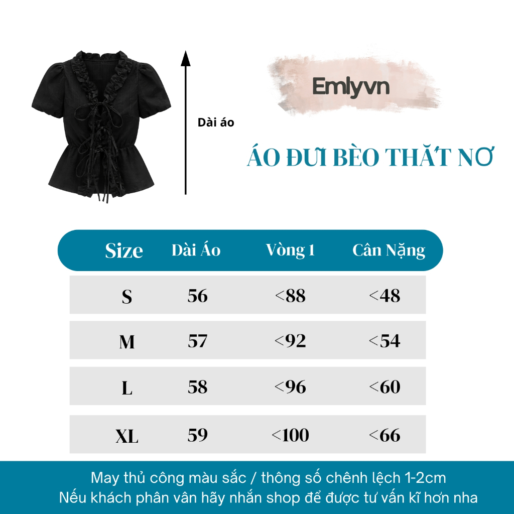 EMLY - Áo Đũi Bèo Thắt Dây Nơ Nữ, Áo Nữ Vintage Hàn Quốc Mùa Hè Dễ Thương