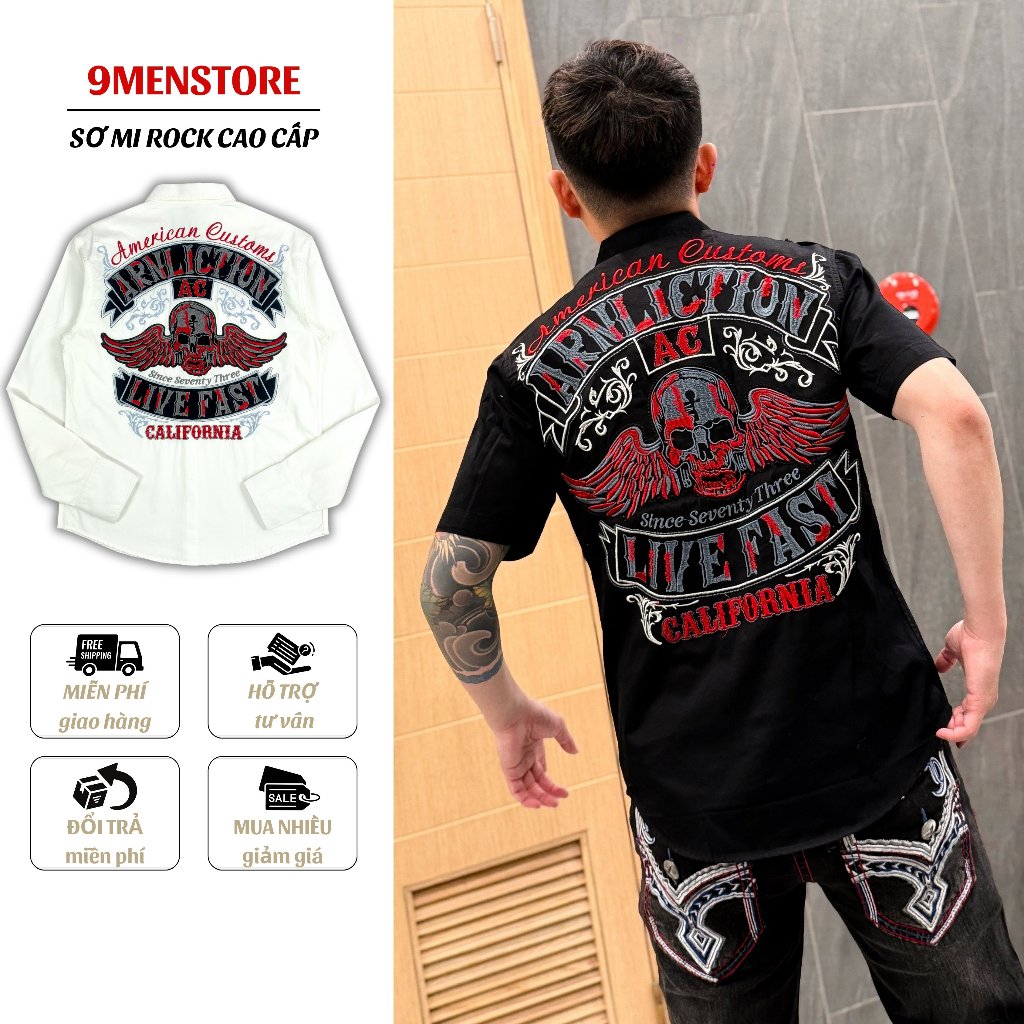 Sơ Mi Rock Classic Cao Cấp Thêu Họa Tiết Đầu Lâu Chỉ Đỏ, Vải Kaki Tôn Dáng, Cúc Kim Loại Đẳng Cấp 58