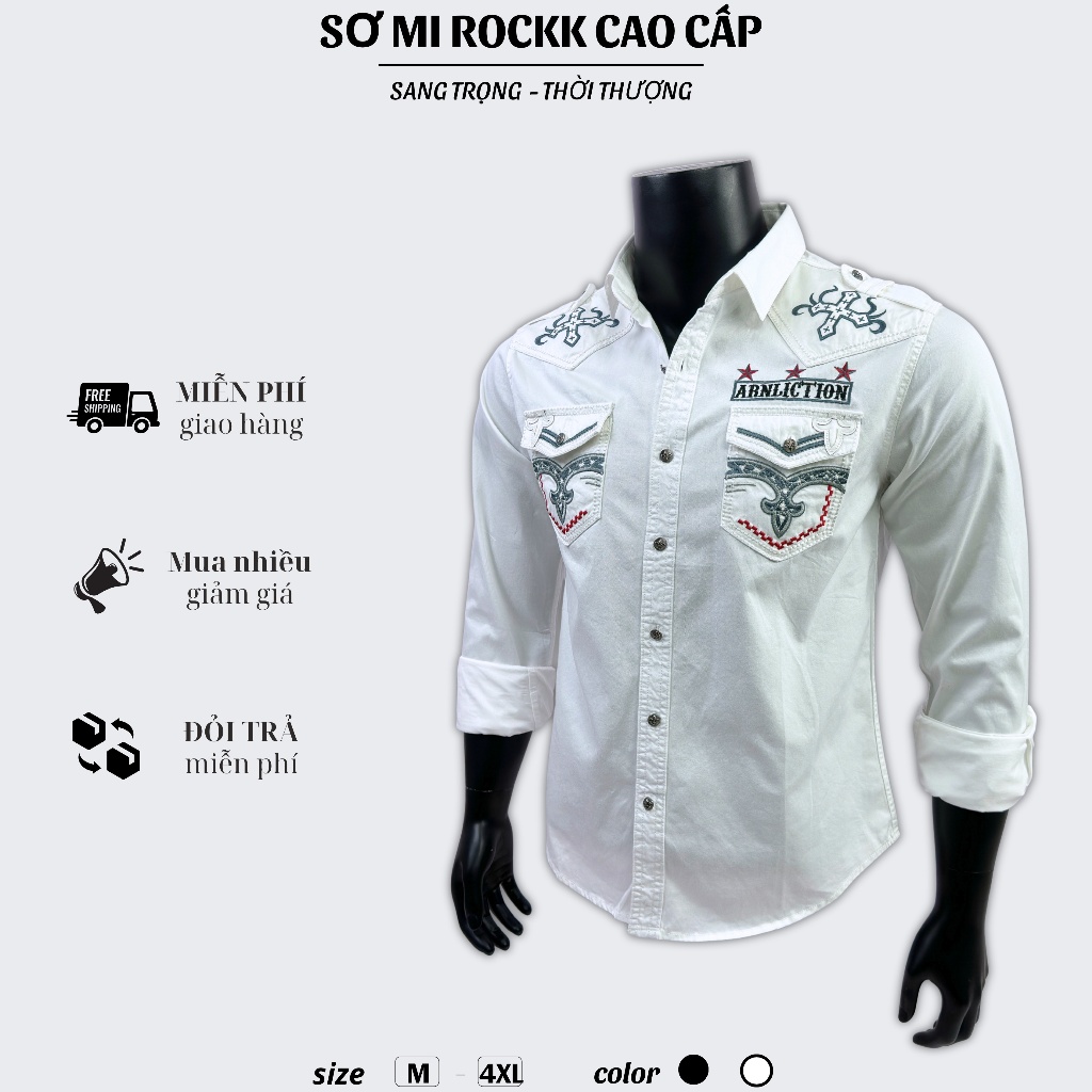 Sơ Mi Rock Classic Cao Cấp Thêu Họa Tiết Đầu Lâu Chỉ Đỏ, Vải Kaki Tôn Dáng, Cúc Kim Loại Đẳng Cấp 58