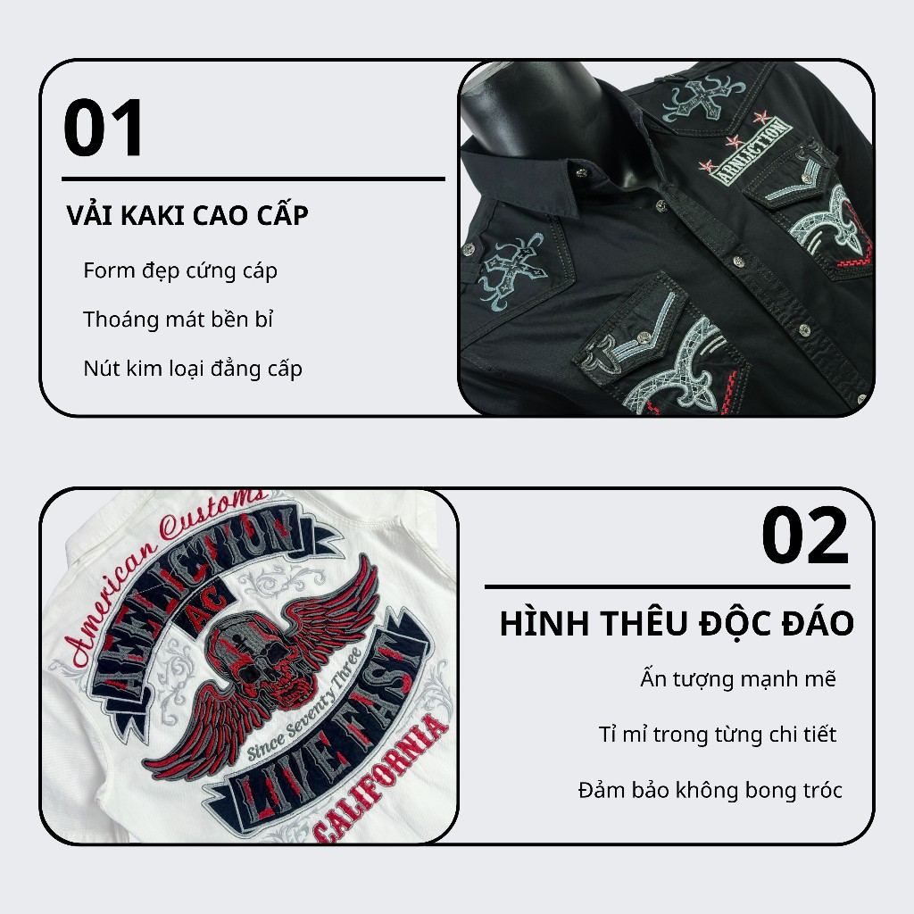 Sơ Mi Rock Classic Cao Cấp Thêu Họa Tiết Đầu Lâu Chỉ Đỏ, Vải Kaki Tôn Dáng, Cúc Kim Loại Đẳng Cấp 58