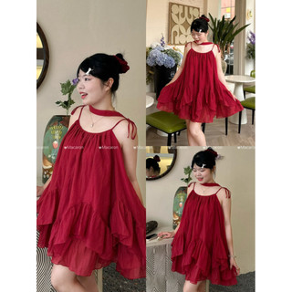 Set váy Babydoll 2 Dây Cột Nơ Bèo Tầng, kèm quần bảo hộ Dễ Thương chất liệu tơ mềm - 004 Macaron