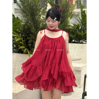 Set váy Babydoll 2 Dây Cột Nơ Bèo Tầng, kèm quần bảo hộ Dễ Thương chất liệu tơ mềm - 004 Macaron
