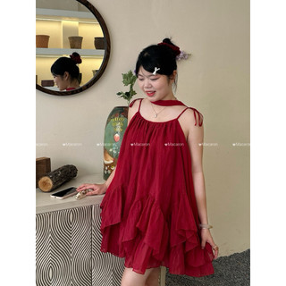 Set váy Babydoll 2 Dây Cột Nơ Bèo Tầng, kèm quần bảo hộ Dễ Thương chất liệu tơ mềm - 004 Macaron