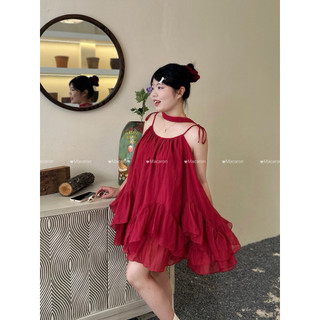 Set váy Babydoll 2 Dây Cột Nơ Bèo Tầng, kèm quần bảo hộ Dễ Thương chất liệu tơ mềm - 004 Macaron