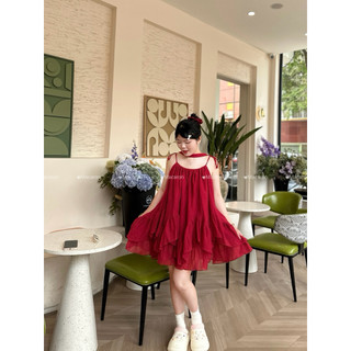 Set váy Babydoll 2 Dây Cột Nơ Bèo Tầng, kèm quần bảo hộ Dễ Thương chất liệu tơ mềm - 004 Macaron