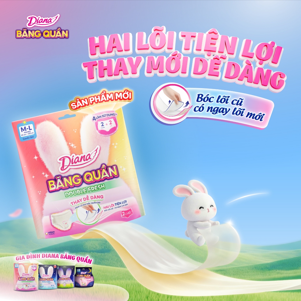 [MỚI] Băng Quần 2 lõi Diana Double Fresh, size M-L/L-XL 6 miếng/gói, thay lõi dễ dàng, không lộ viền