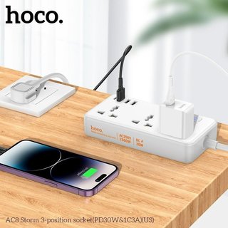 Ổ cắm điện thông minh Hoco AC8 TypeC PD 30W, USB-A QC3.0 18W, 3 Socket, công suất 2500W - Phụ Kiện Nhất Tín