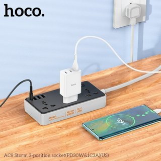 Ổ cắm điện thông minh Hoco AC8 TypeC PD 30W, USB-A QC3.0 18W, 3 Socket, công suất 2500W - Phụ Kiện Nhất Tín