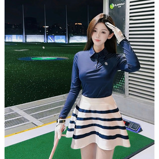 Set Trang Phục PL Golf Nữ Cao Cấp –Áo Polo Dài Tay Tôn Dáng & Chân Váy Xòe Xếp Ly Sọc Ngang – Chất Liệu Thể Thao Co Giãn