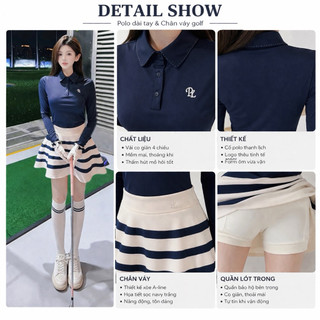 Set Trang Phục PL Golf Nữ Cao Cấp –Áo Polo Dài Tay Tôn Dáng & Chân Váy Xòe Xếp Ly Sọc Ngang – Chất Liệu Thể Thao Co Giãn