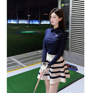 Set Trang Phục PL Golf Nữ Cao Cấp –Áo Polo Dài Tay Tôn Dáng & Chân Váy Xòe Xếp Ly Sọc Ngang – Chất Liệu Thể Thao Co Giãn