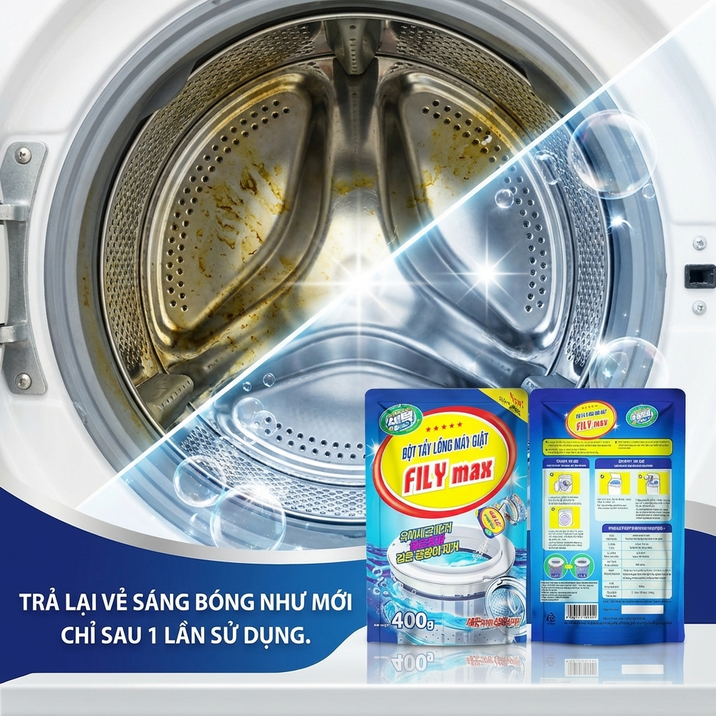 Bột Vệ Sinh Lồng Máy Giặt Khử Mùi Diệt Khuẩn Fily Max Bột Tẩy Lồng Giặt Cho Máy Cửa Trước Cửa Trên