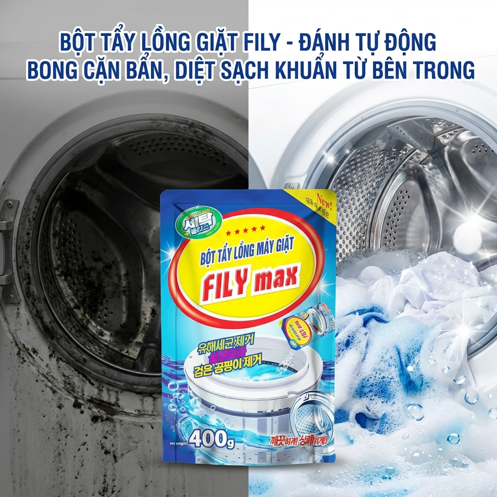 Bột Vệ Sinh Lồng Máy Giặt Khử Mùi Diệt Khuẩn Fily Max Bột Tẩy Lồng Giặt Cho Máy Cửa Trước Cửa Trên