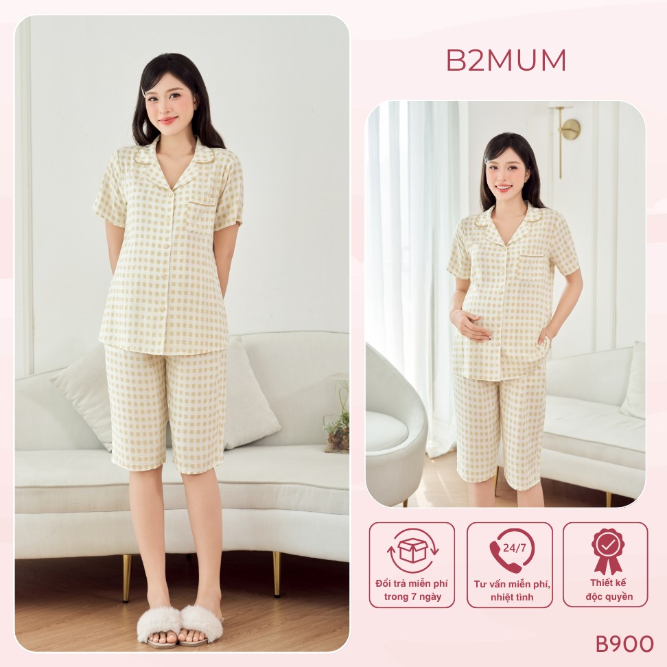 Bộ Pijama Bầu Lanh Thái Dáng Suông Quần Ngố – Đồ Bộ Mặc Nhà Thoáng Mát Nhẹ Mềm Cho Mẹ Bầu Sau Sinh Relax Set B900 B2MUM