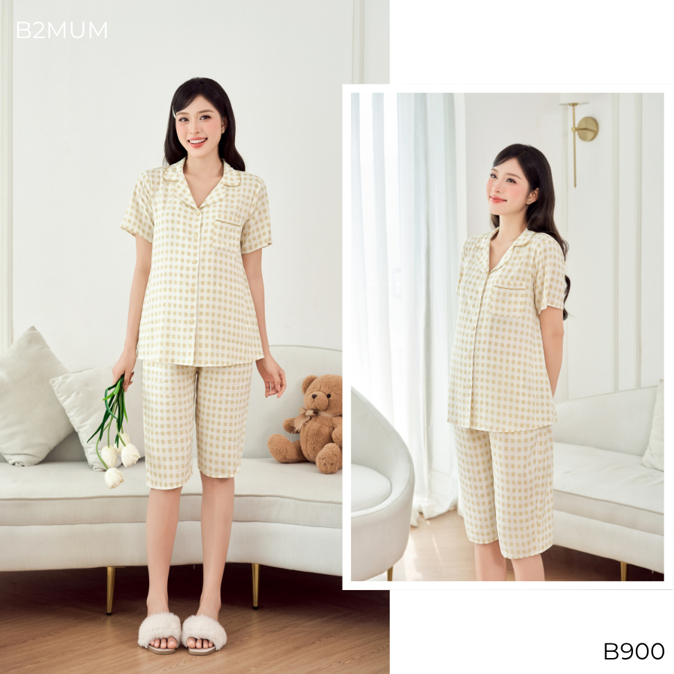 Bộ Pijama Bầu Lanh Thái Dáng Suông Quần Ngố – Đồ Bộ Mặc Nhà Thoáng Mát Nhẹ Mềm Cho Mẹ Bầu Sau Sinh Relax Set B900 B2MUM