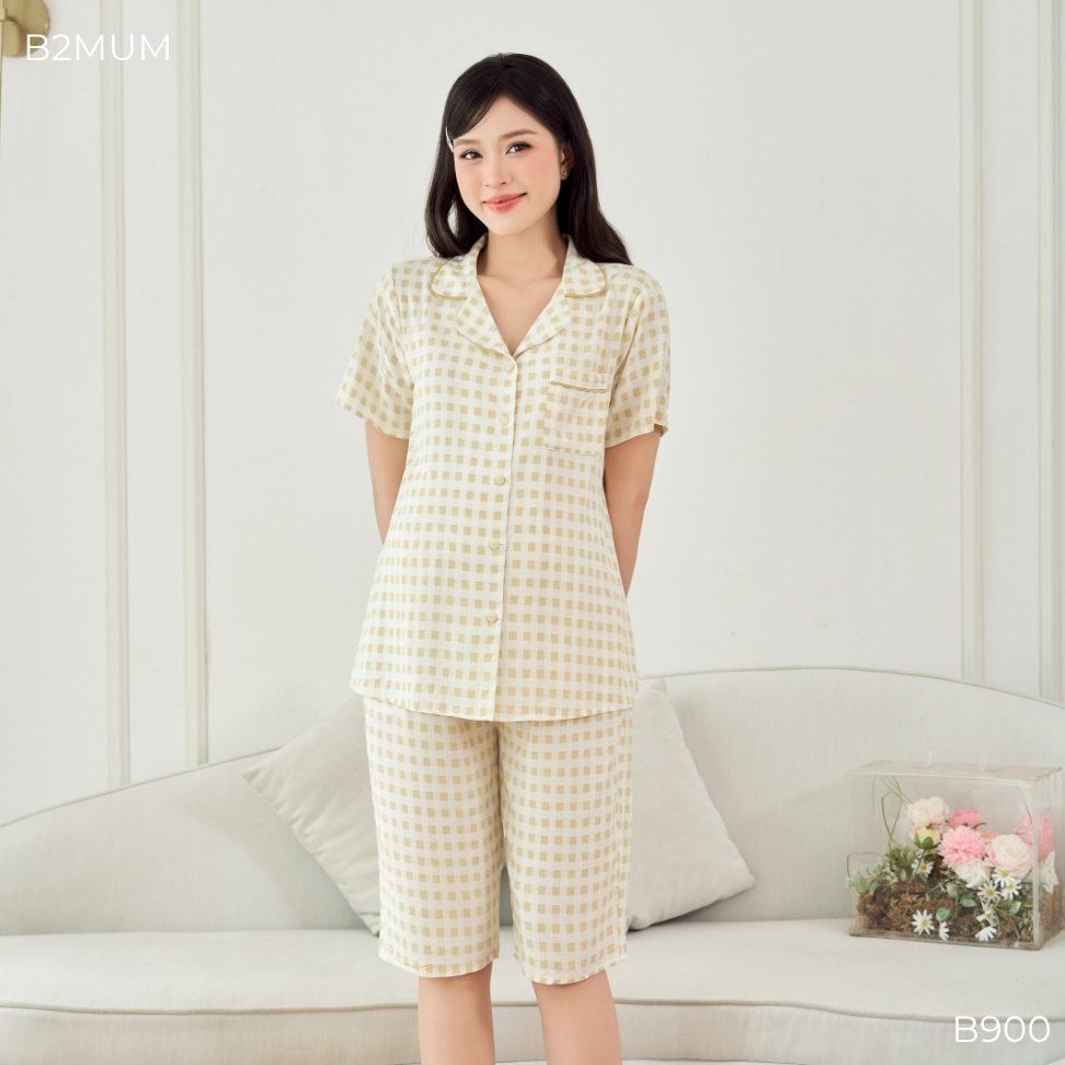 Bộ Pijama Bầu Lanh Thái Dáng Suông Quần Ngố – Đồ Bộ Mặc Nhà Thoáng Mát Nhẹ Mềm Cho Mẹ Bầu Sau Sinh Relax Set B900 B2MUM