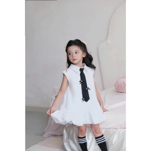 Đầm suông bé gái thiết kế cổ sơ mi phối cà vạt dáng xòe phong cách Hàn Quốc hiện đại mẹ và bé diện dự tiệc dạo phố