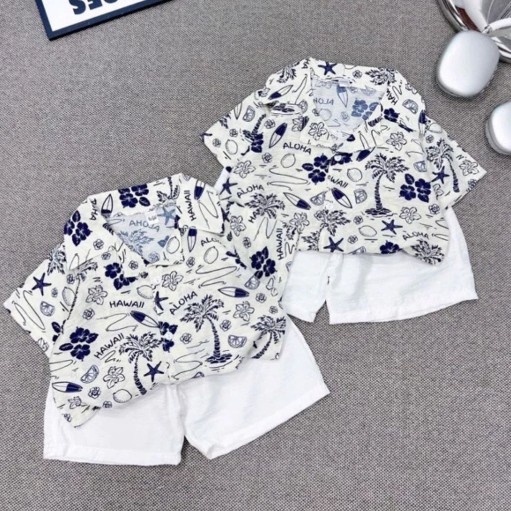 Bộ Đũi Bé Trai Cộc Tay In Cây Dừa 8-30kg - Đồ Bộ Đi Biển Cho Bé Trai Phong Cách Hàn Quốc Mềm Mát, Thấm Hút Mồ Hôi