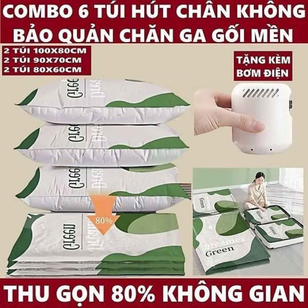 Sét 6 Túi hút chân không đựng quần áo, chăn gối - Đa năng, tiện Lợi ( túi hút chân không xanh lá) nhám hangers
