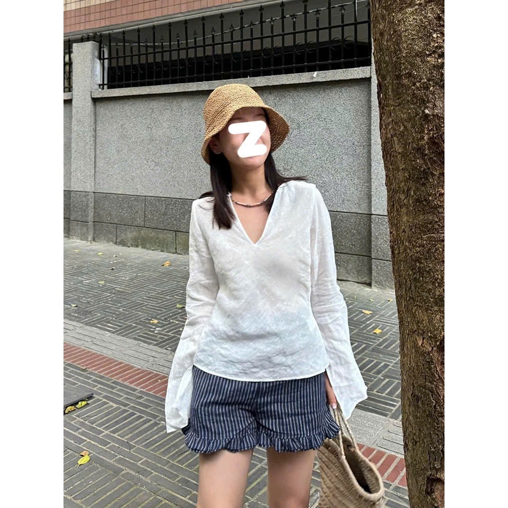 𝗡𝗴𝗼𝗰𝗻𝗴𝗮 - Áo Linen Tưng Gân cổ tim tay loe xinh