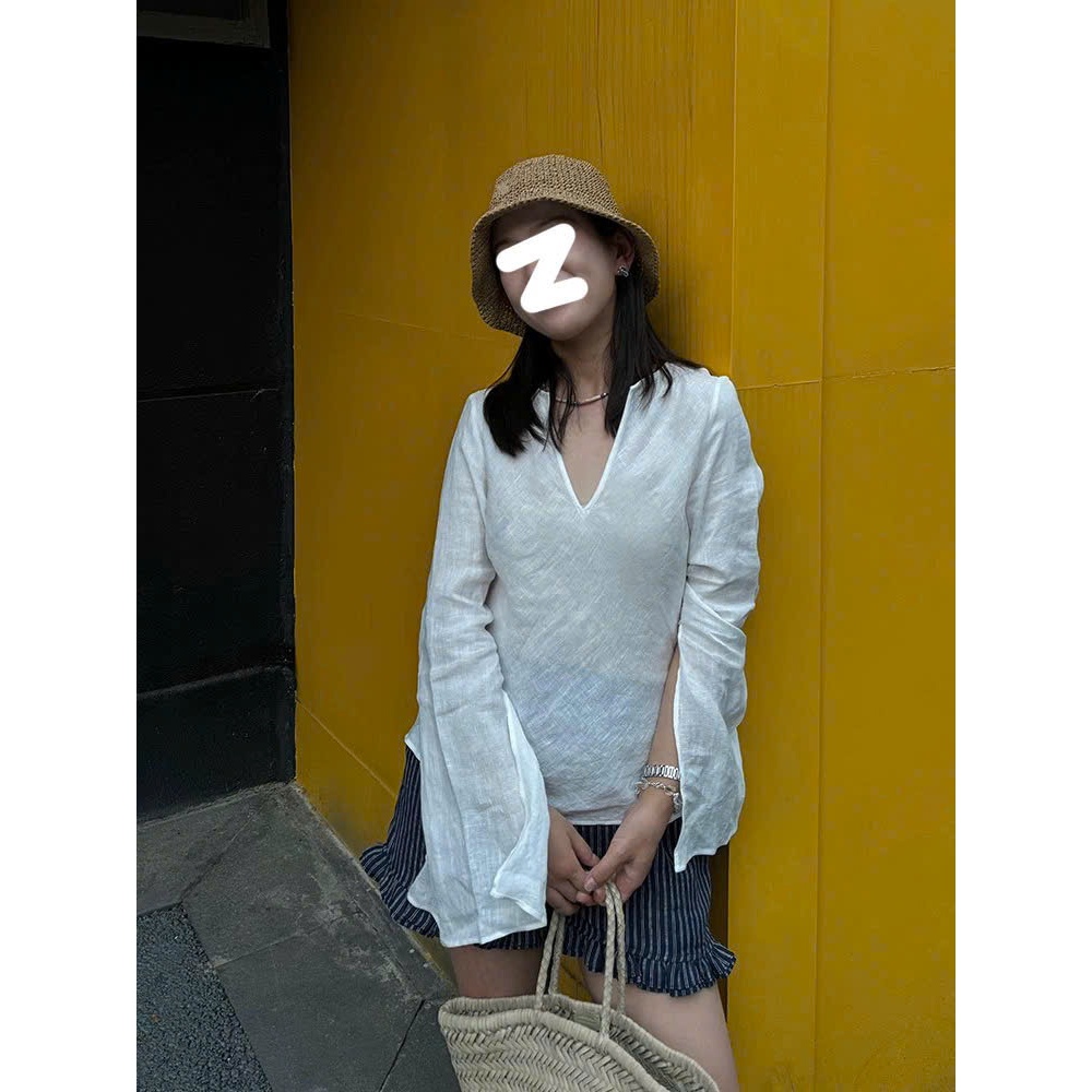 𝗡𝗴𝗼𝗰𝗻𝗴𝗮 - Áo Linen Tưng Gân cổ tim tay loe xinh