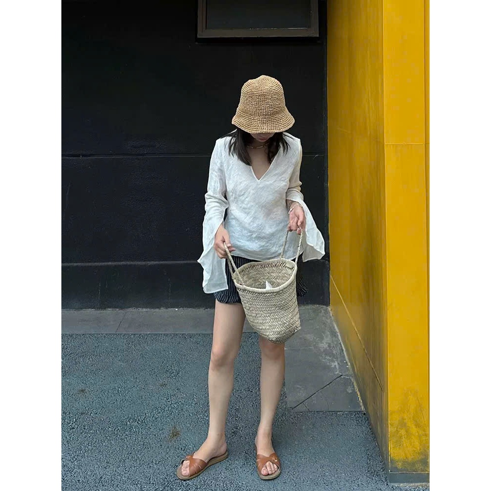 𝗡𝗴𝗼𝗰𝗻𝗴𝗮 - Áo Linen Tưng Gân cổ tim tay loe xinh