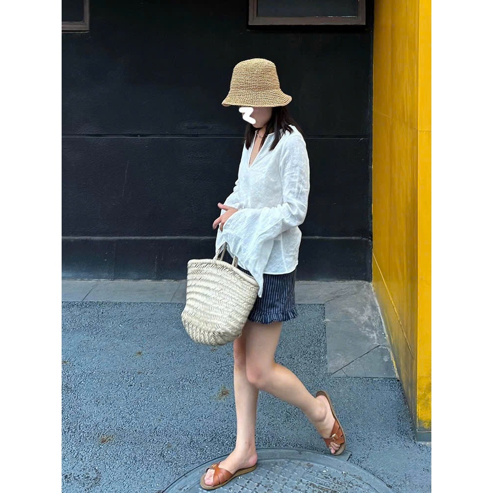 𝗡𝗴𝗼𝗰𝗻𝗴𝗮 - Áo Linen Tưng Gân cổ tim tay loe xinh