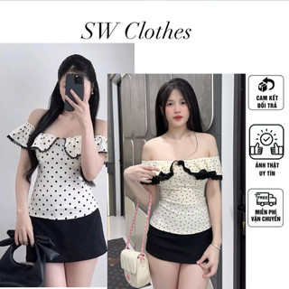 Áo trễ vai viền bèo phối ren tiểu thư dễ thương