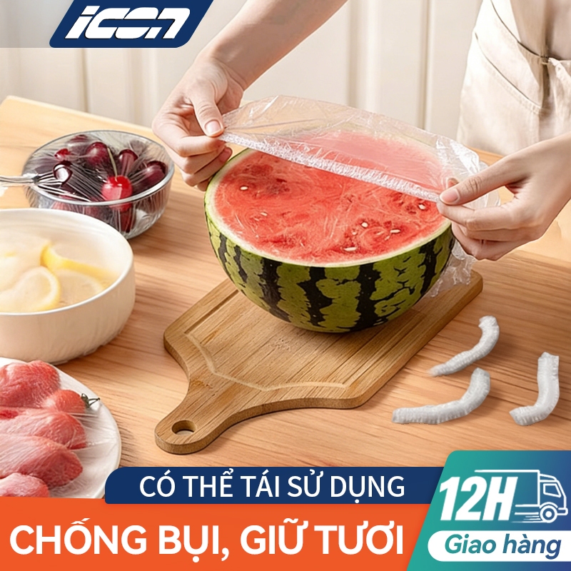Set 100 túi – Túi màng bọc thực phẩm PE ICON siêu dai có chun co giãn, tái sử dụng nhiều lần, tiện lợi