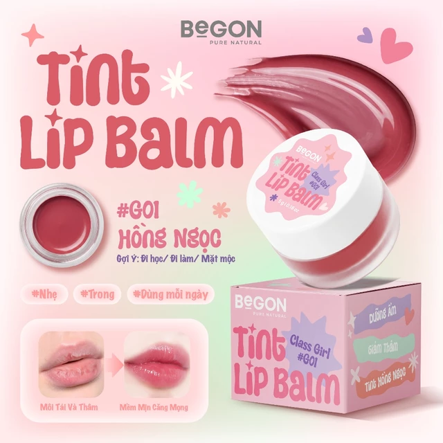 [Màu G01 - Hồng Ngọc] Son Dưỡng Có Màu Tint Lip Balm 5g - Dưỡng Môi Căng Mọng, Giảm Thâm | BEGON