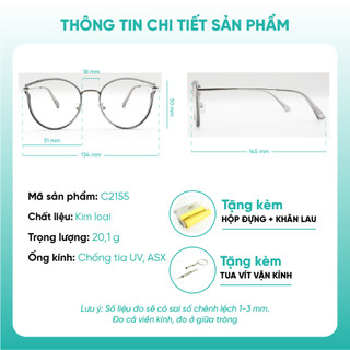 Gọng kính cận tròn mắt mèo thời trang nữ kim loại phối nhựa chắc chắn C2155