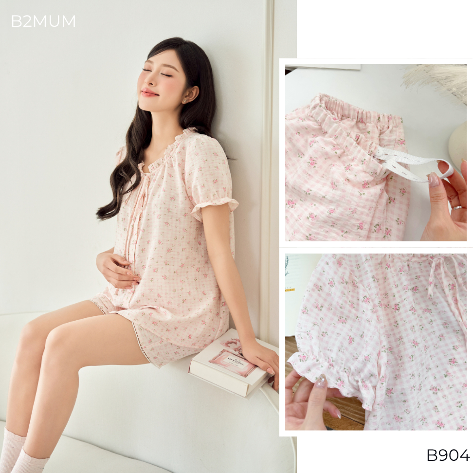 Bộ Pijama Bầu Đũi Hoa Nhí Cổ Bèo Thắt Nơ – Dáng suông Mềm Mát Cho Mẹ Bầu & Sau Sinh B904 B2MUM