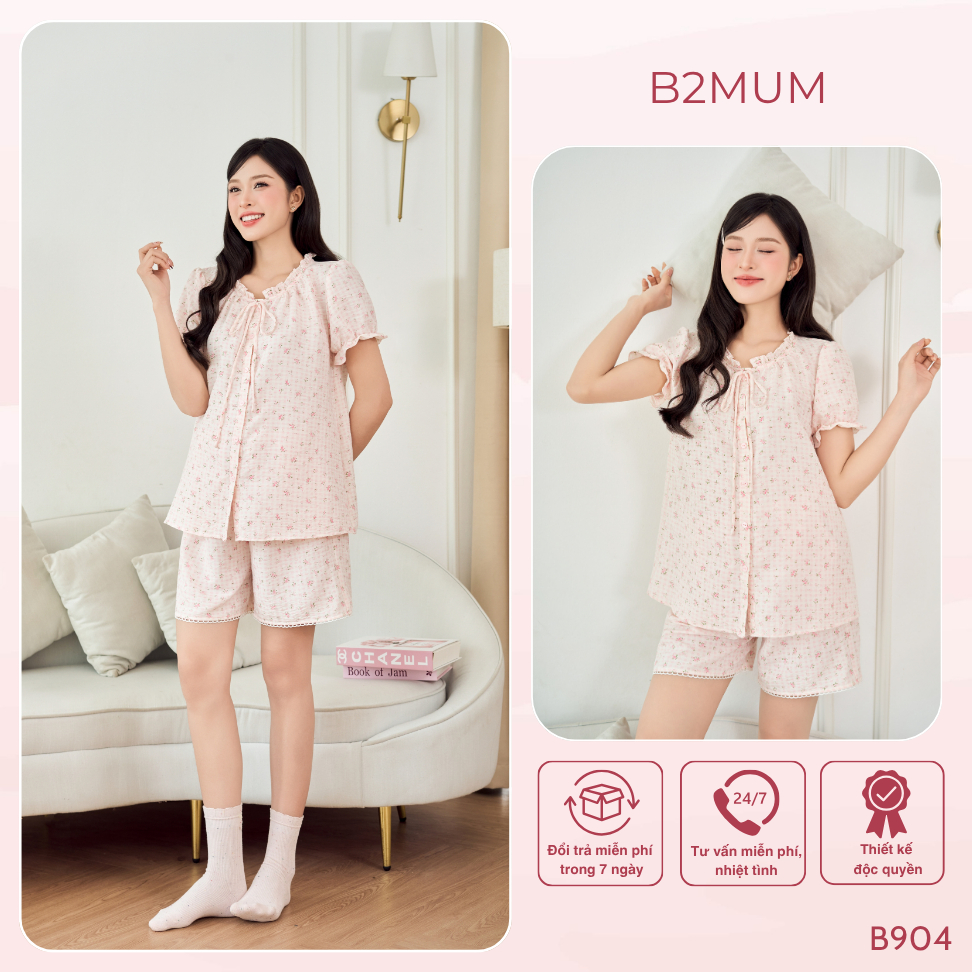 Bộ Pijama Bầu Đũi Hoa Nhí Cổ Bèo Thắt Nơ – Dáng suông Mềm Mát Cho Mẹ Bầu & Sau Sinh B904 B2MUM