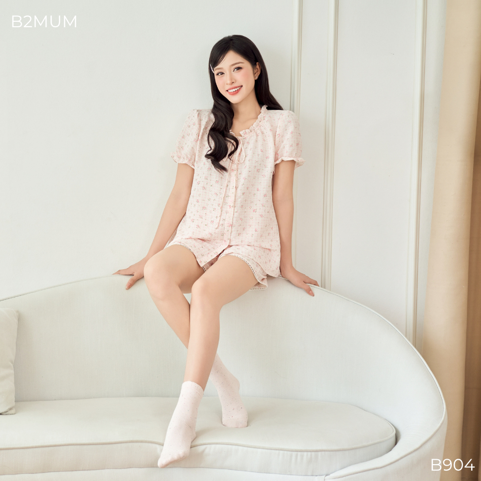 Bộ Pijama Bầu Đũi Hoa Nhí Cổ Bèo Thắt Nơ – Dáng suông Mềm Mát Cho Mẹ Bầu & Sau Sinh B904 B2MUM
