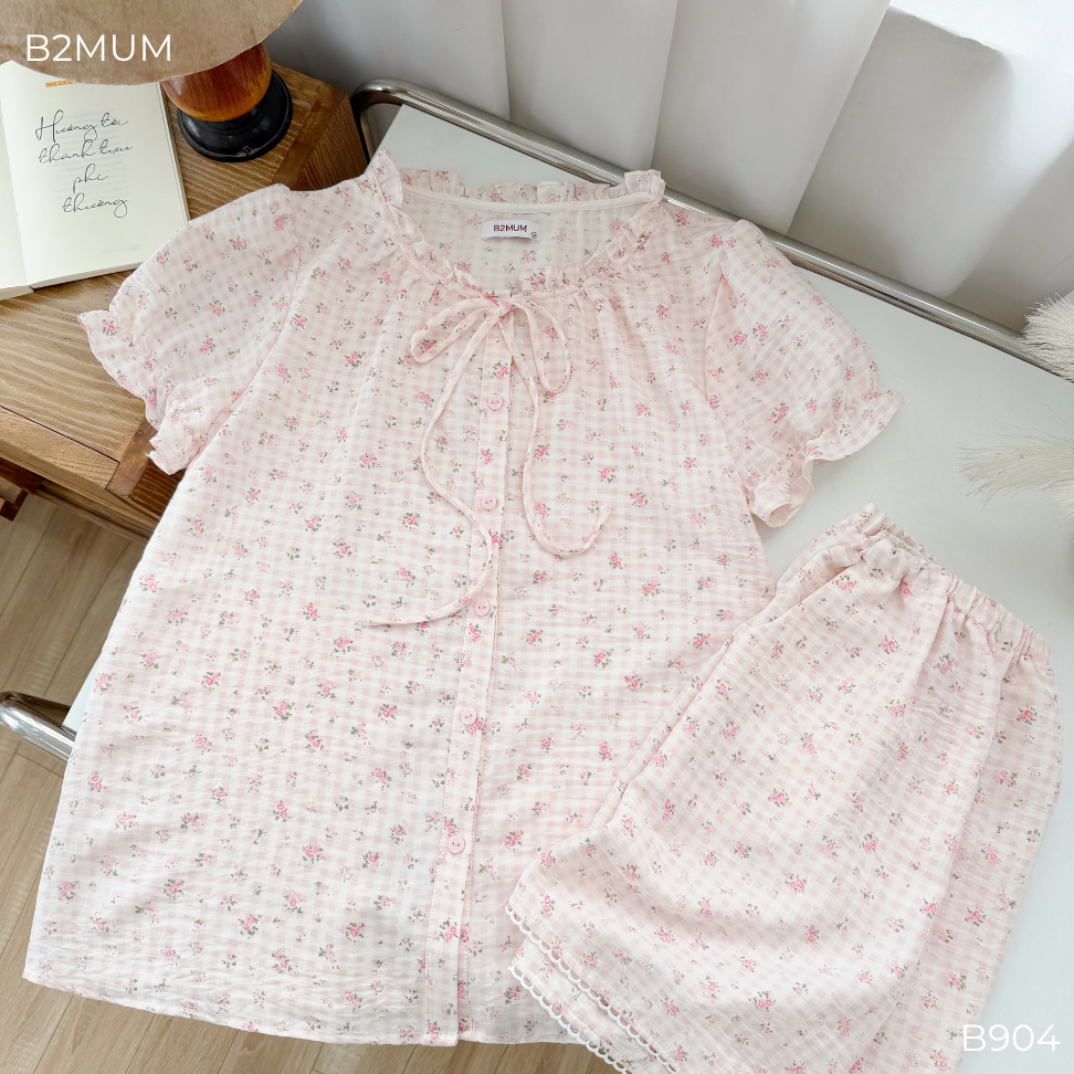 Bộ Pijama Bầu Đũi Hoa Nhí Cổ Bèo Thắt Nơ – Dáng suông Mềm Mát Cho Mẹ Bầu & Sau Sinh B904 B2MUM