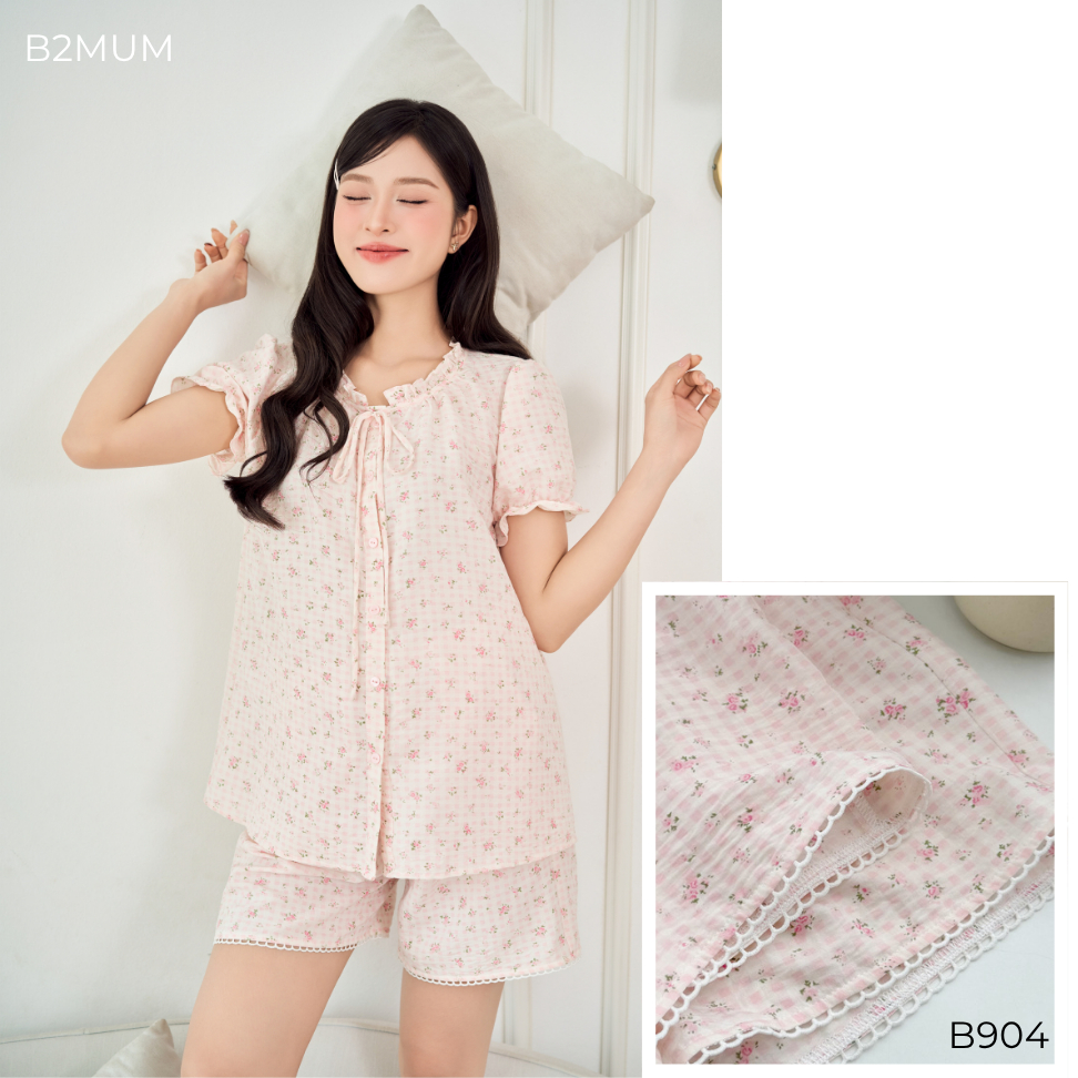 Bộ Pijama Bầu Đũi Hoa Nhí Cổ Bèo Thắt Nơ – Dáng suông Mềm Mát Cho Mẹ Bầu & Sau Sinh B904 B2MUM